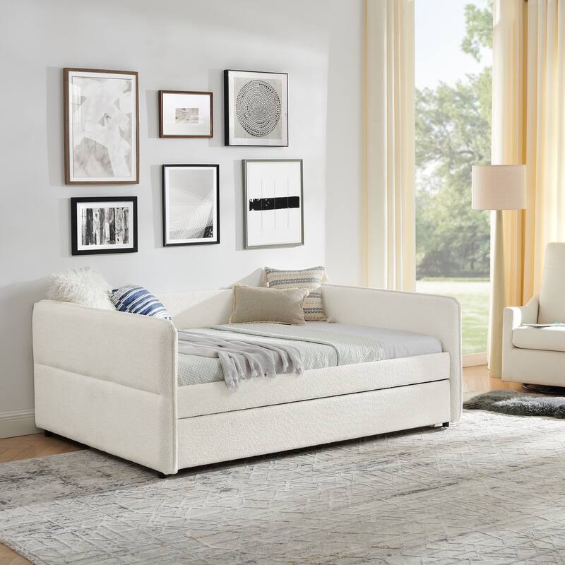 Roomfitters Twin/Full Boucle Daybed with Trundle, Upholstered Sofa Bed Frame with Vertical Stripes, Beige