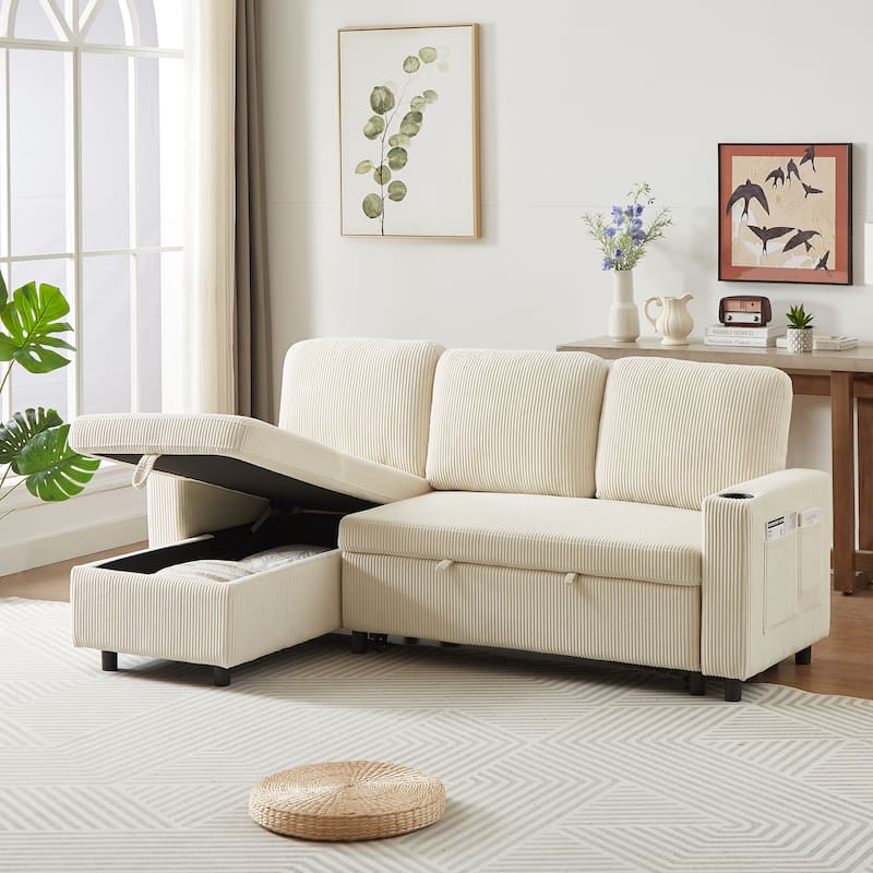 Modern Corduroy Reversible Sleeper Sofa Bed with Pullout Bed, L-Shaped Combo Sofa for Tight Spaces, Living Room, and Office