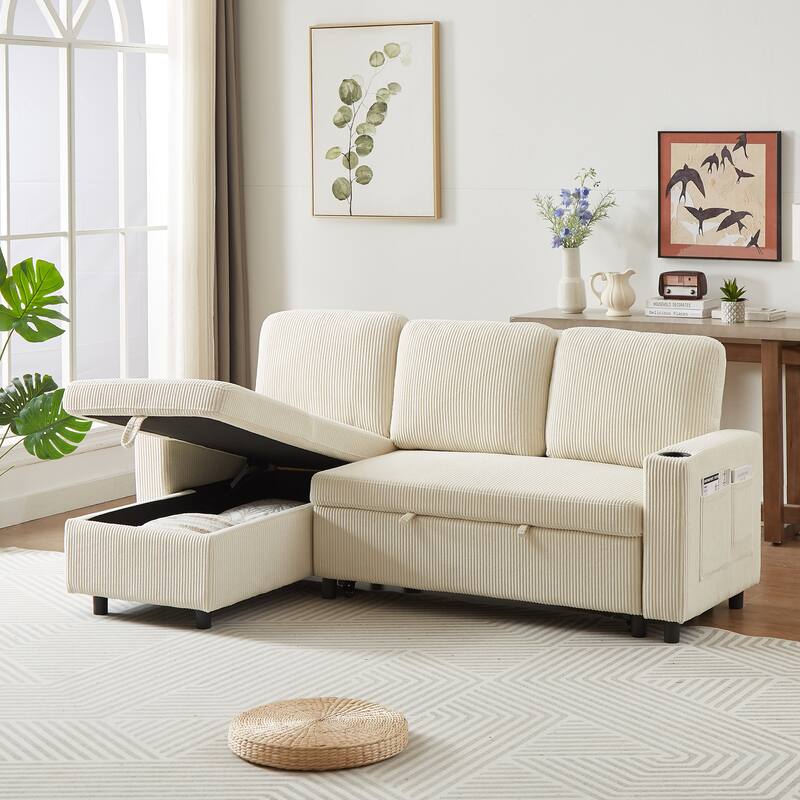 Reversible L-Shaped Combo Sofa Bed with Pullout Sleeper, Cup Holder, Side Pocket and Storage, Daybed, for Small Living Rooms - Beige
