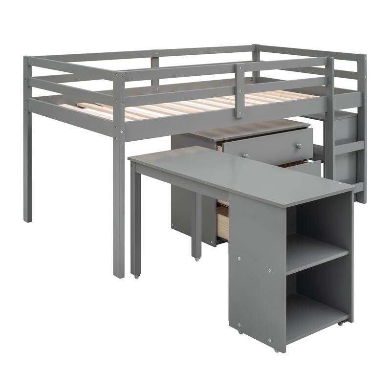 Compact Twin Loft Bed with Storage Drawers and Rolling Desk in Gray
