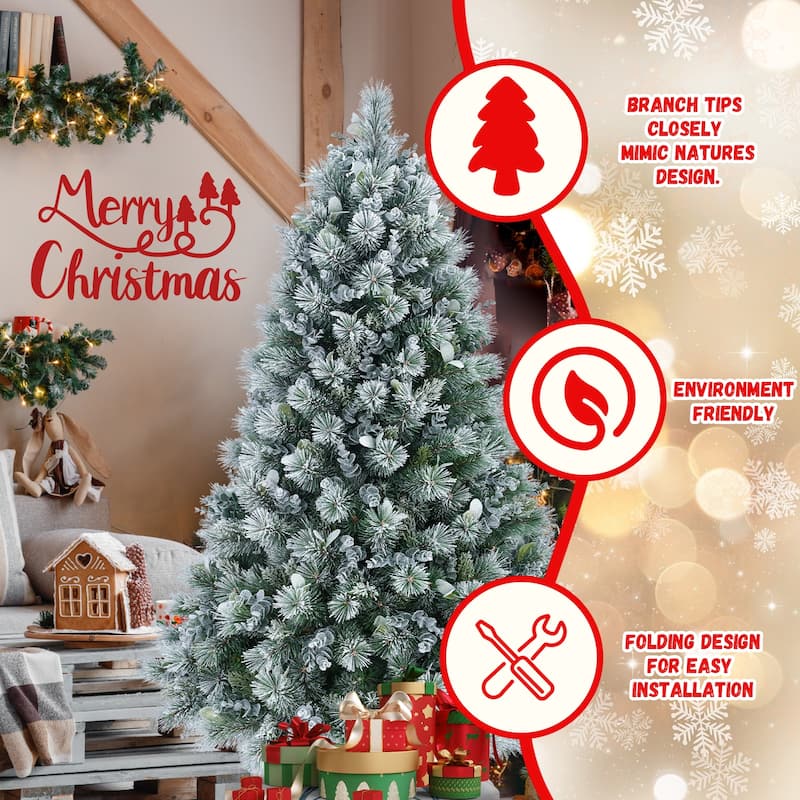 4FT Flocked Christmas Tree with Pine Needles & Eucalyptus Leaves, 404 Tips, Hinged Branches, Metal Stand-Snowy Artificial Tree