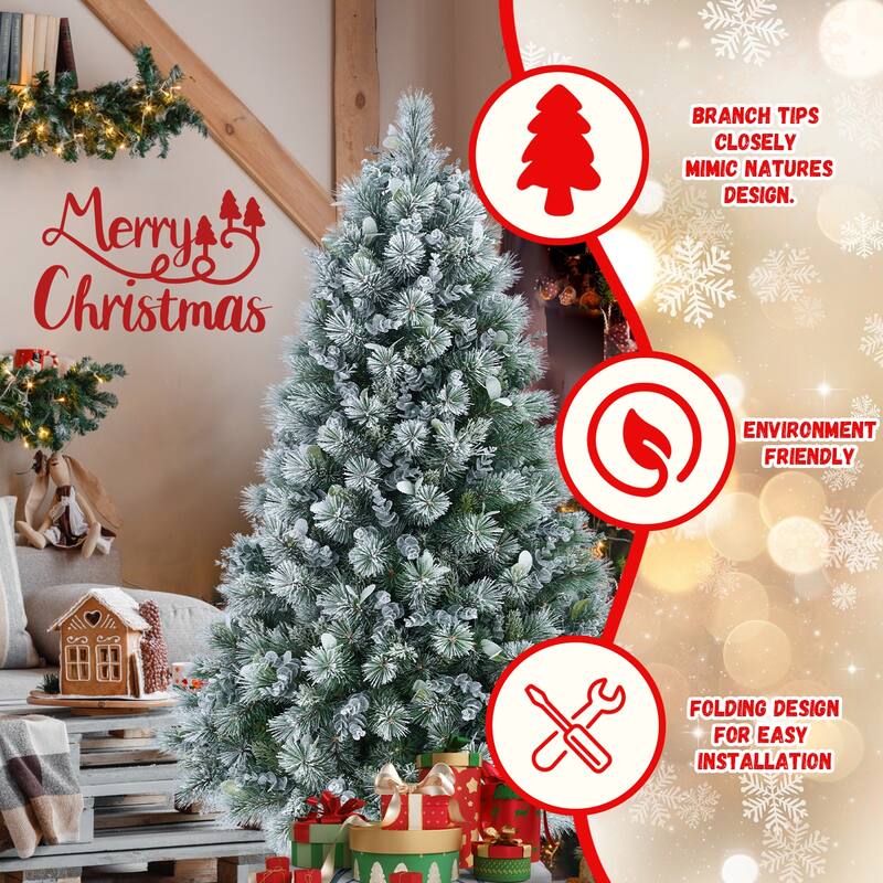 4FT Flocked Christmas Tree with Pine Needles & Eucalyptus Leaves, 404 Tips, Hinged Branches,Metal Stand-Snowy Artificial Tree
