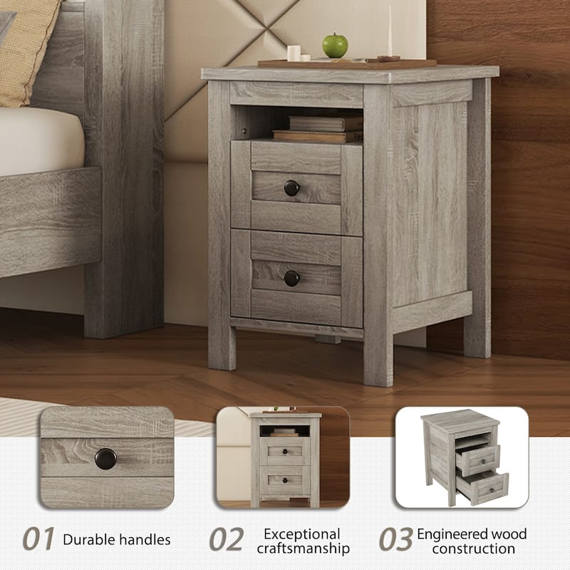 2-Drawer Farmhouse Wooden Nightstand with Sleek Lines, Wood Side Table with Storage Cabinet for Bedroom