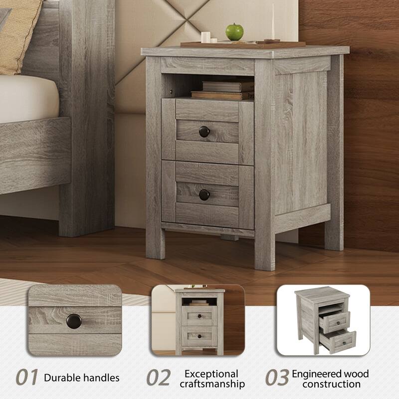3-Pieces Bedroom Sets ,Farmhouse Bed Frame Queen Size with LED Lights and Charging Station,Nightstands Set of 2 with 2-Drawer