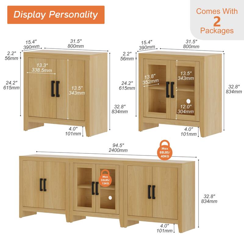 WAMPAT Farmhouse Buffet Cabinet with Glass Doors, 3-Piece Modular Sideboard with Adjustable Shelves