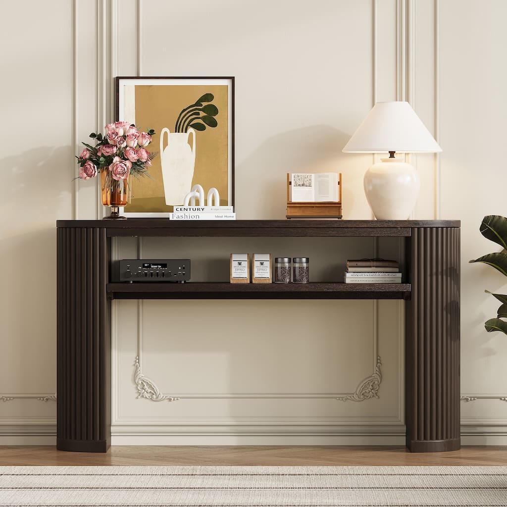 Rustic Console Table Espresso Entryway Table Sofa Table with Fluted Legs, Accent Table Hallway Table with Shelf