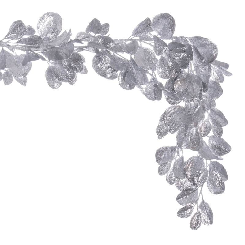 Vickerman 6' Silver Artificial Dogwood Glitter Garland. On Sale Bed
