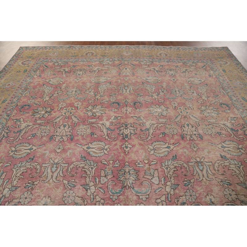 Hand Knotted Oriental 100% Wool Carpet Traditional All-Over Pink Tabriz Area Rug - 12' 8'' X 9' 7''