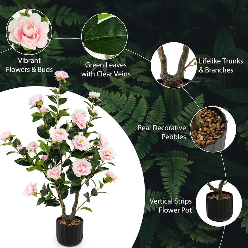 Artificial Pink Camellia Tree 38" with Silk Flowers and Rubberized Leaves in Decorative Pot - Multi