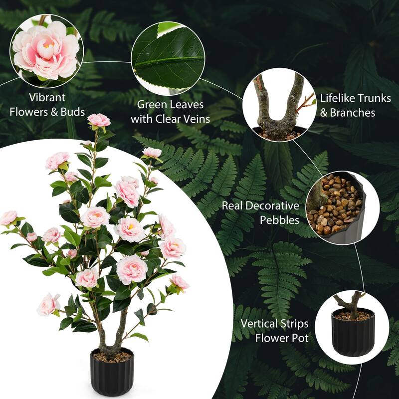 Set of 2 Faux Pink Camellia Plant with Silk Flowers and Rubberized Leaves Include Cement Base for Home Decor - 38"H