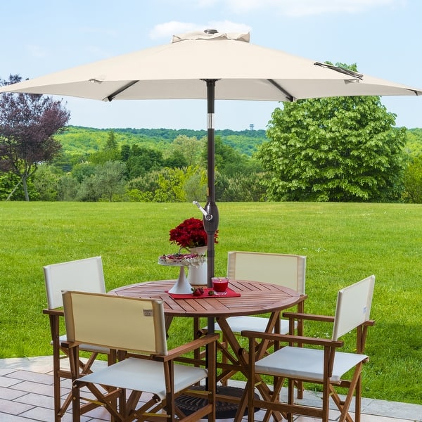 7.5 light up patio tilt umbrella Lights Cordless 120 LED Table Umbrella Lights with Remote Control Battery Operated Waterproof Parasol String Lights for 7-11 Feet Outdoor Backyard Beach Umbrella Dcor (Warm White) the umbrella can withstand the heat and will not fade LIVOOSUN 7.5ft Steel Patio Market