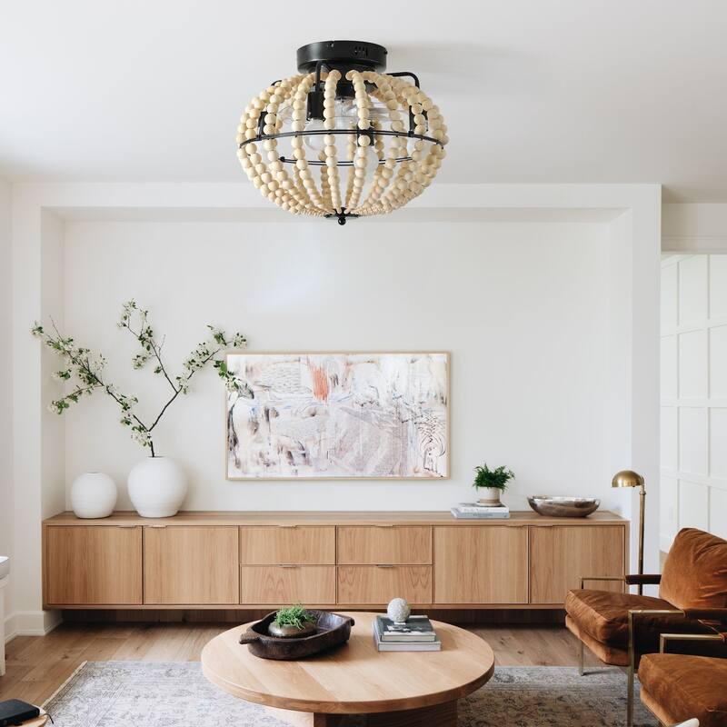 Sofucor 18" Wood Beaded Ceiling Fan with Light & Remote,Flush Mount Chandelier Fan with 6-Speed Reversible Caged Ceiling Fan