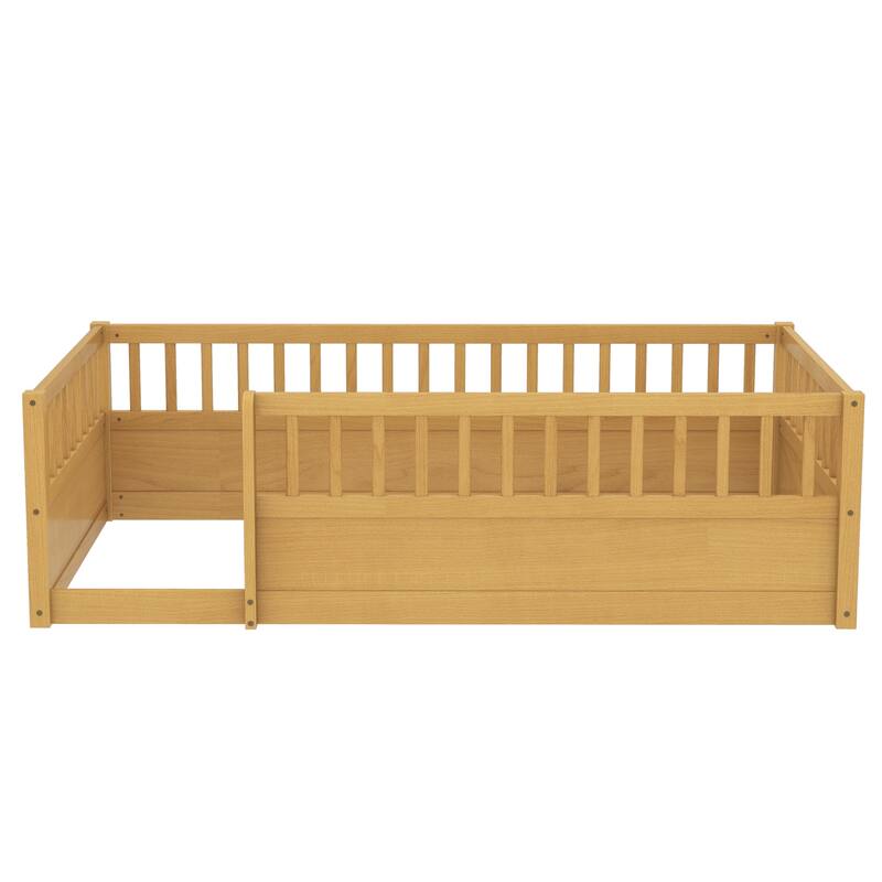 Solid Wood Floor Bed Frame without Slats, Montessori Kids Floor Beds with Full Length Fence, No Box Spring Needed