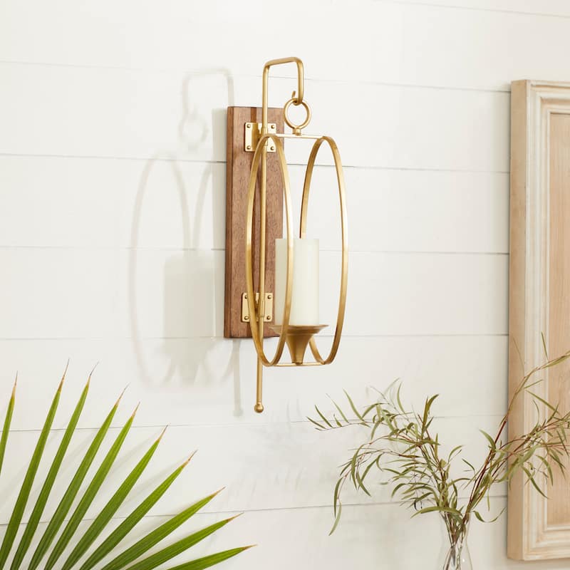 Metal Single Candle Wall Sconce - Gold - Roche River Decor - 8"W x 6"L x 24"H