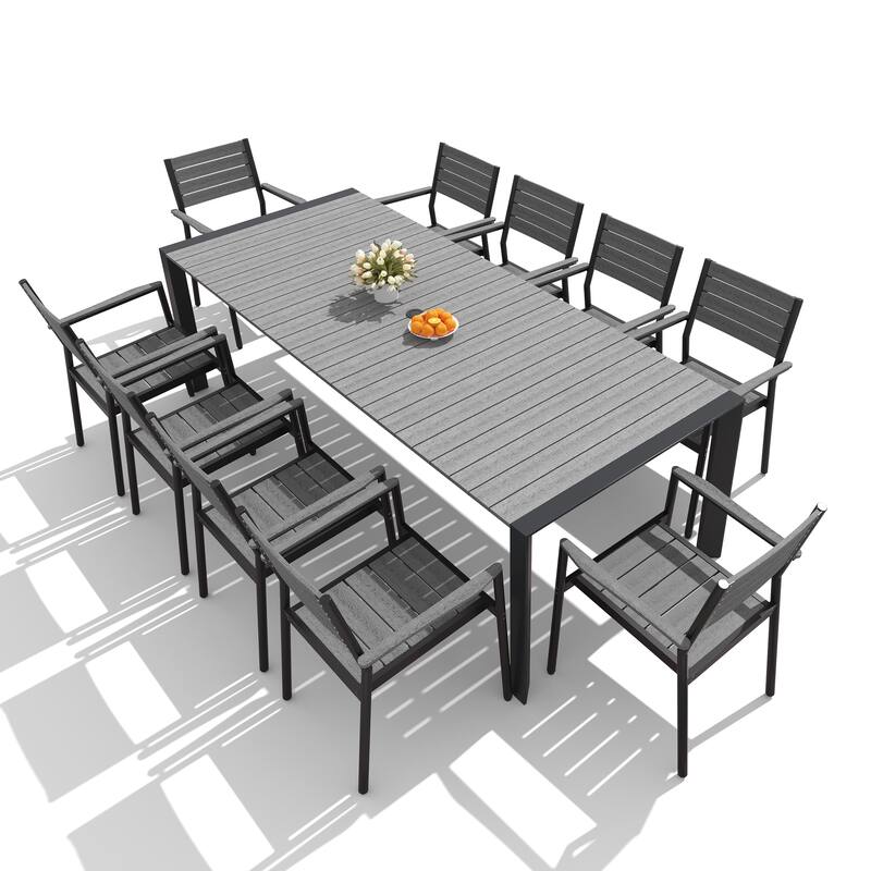 7/9/11-Piece Set Outdoor Aluminum Dining Table with Umbrella Hole and Stackable Dining Chairs