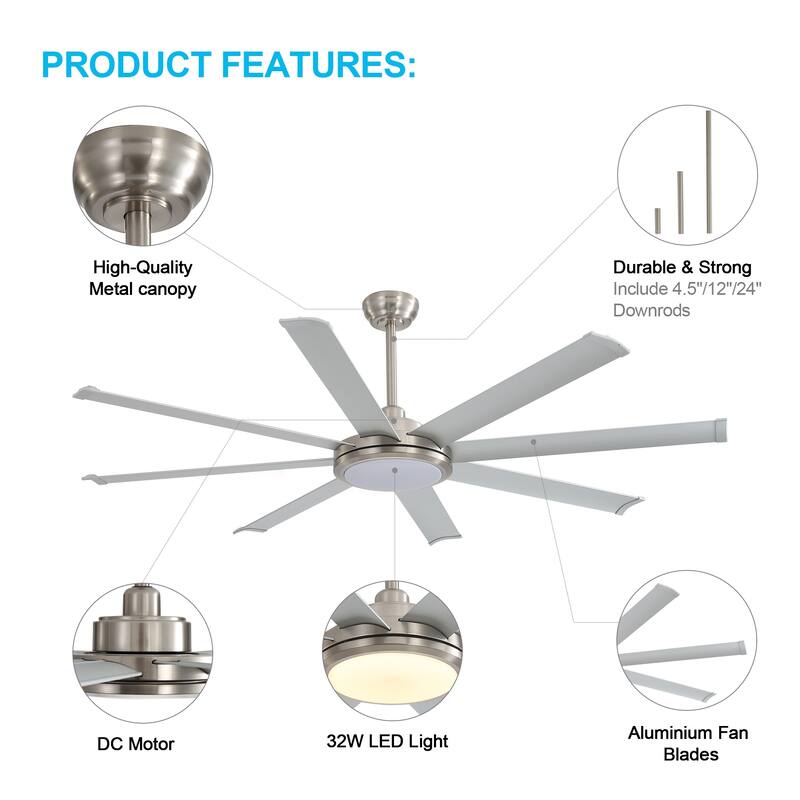 WINGBO 64" and 72" and 80" and 96" Indoor Ceiling Fan with LED Light and Remote
