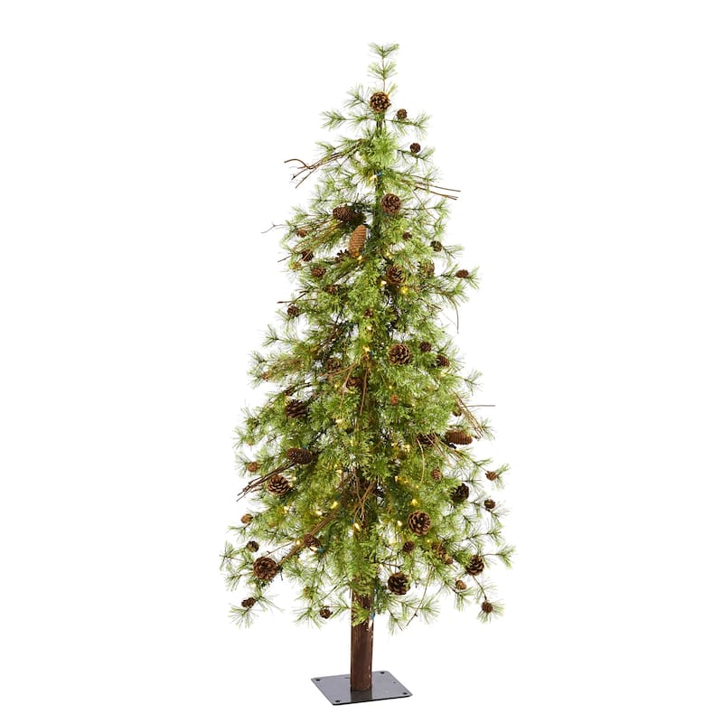 5ft. Alpine Artificial Christmas Tree with 100 Clear Multifunction LED Lights & Pine Cones on Trunk - Holiday X-Mas Accent