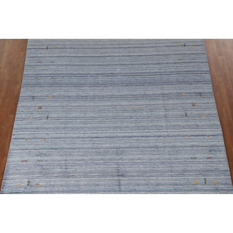 Striped Blue Gabbeh Oriental Area Rug Handmade Wool Carpet - 7'9"x 9'7"
