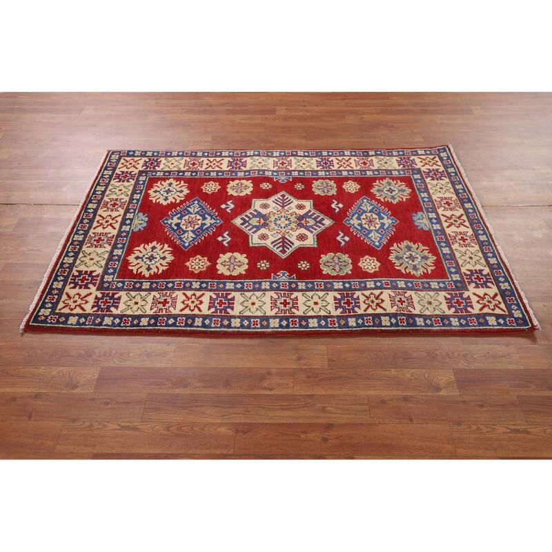 Red Geometric Kazak Oriental Foyer Rug Handmade Wool Carpet - 3'5" x 5'1"