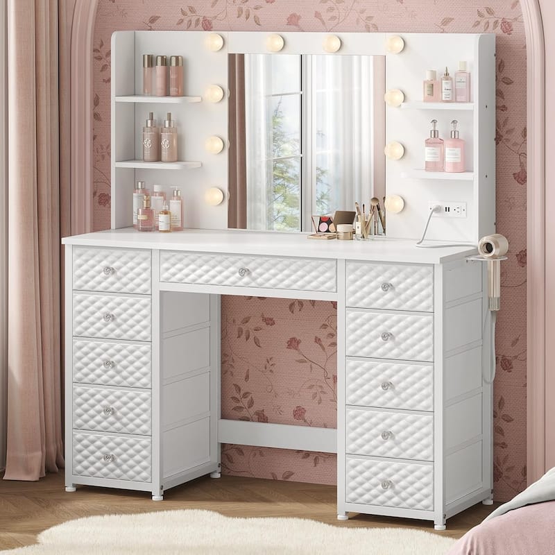 Vanity with Lights and Mirror 11 Drawer Makeup Vanity 6 Shelves - White