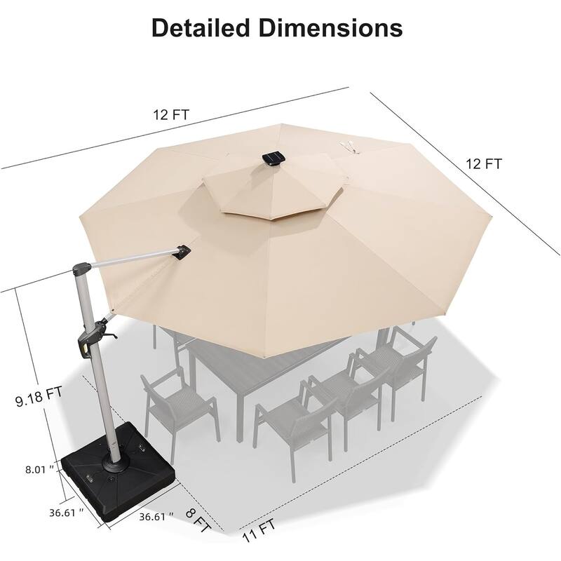 PURPLE LEAF 10/11/12ft Round Double Top LED Patio Cantilever Umbrella with Base