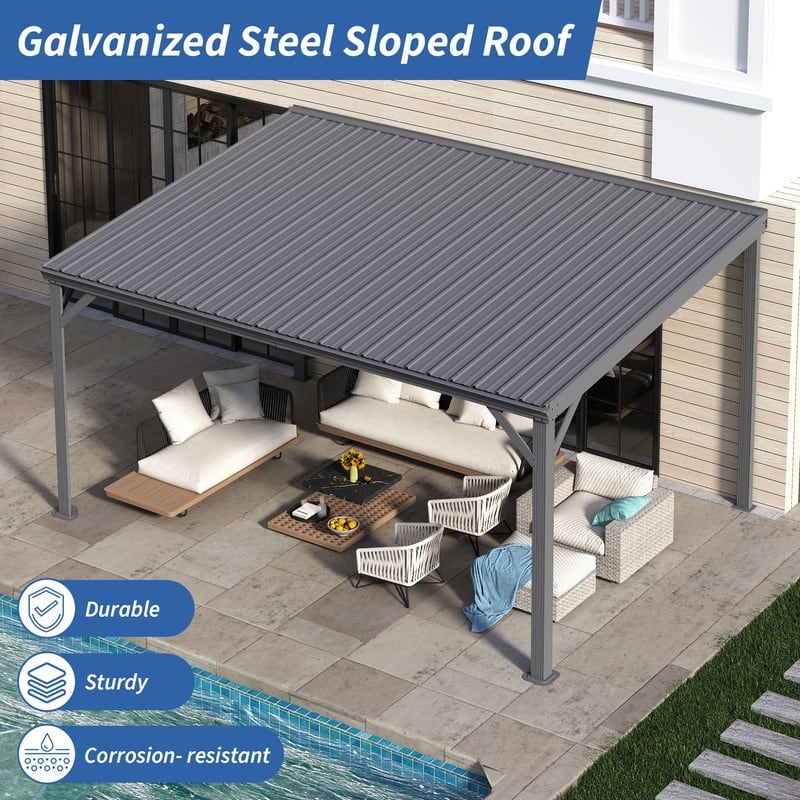 Domi Lean to Gazebo, Outdoor Hardtop Wall Mounted Gazebo with Sloping Galvanized Steel Roof