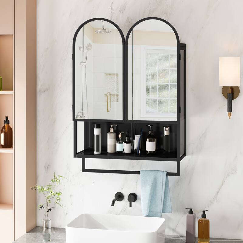 23.62" Modern Double-Arched Mirror Cabinet,2 Doors Medicine Cabinet, Metal Wall Cabinet with Adjustable Shelves and Towel Rack - Black