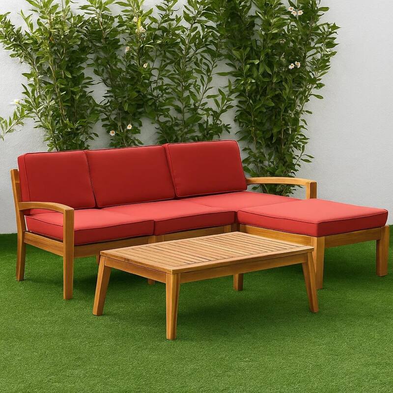 Outdoor L-Sectional Sofa with Coffee Table, Ottoman, Acacia Wood, Red