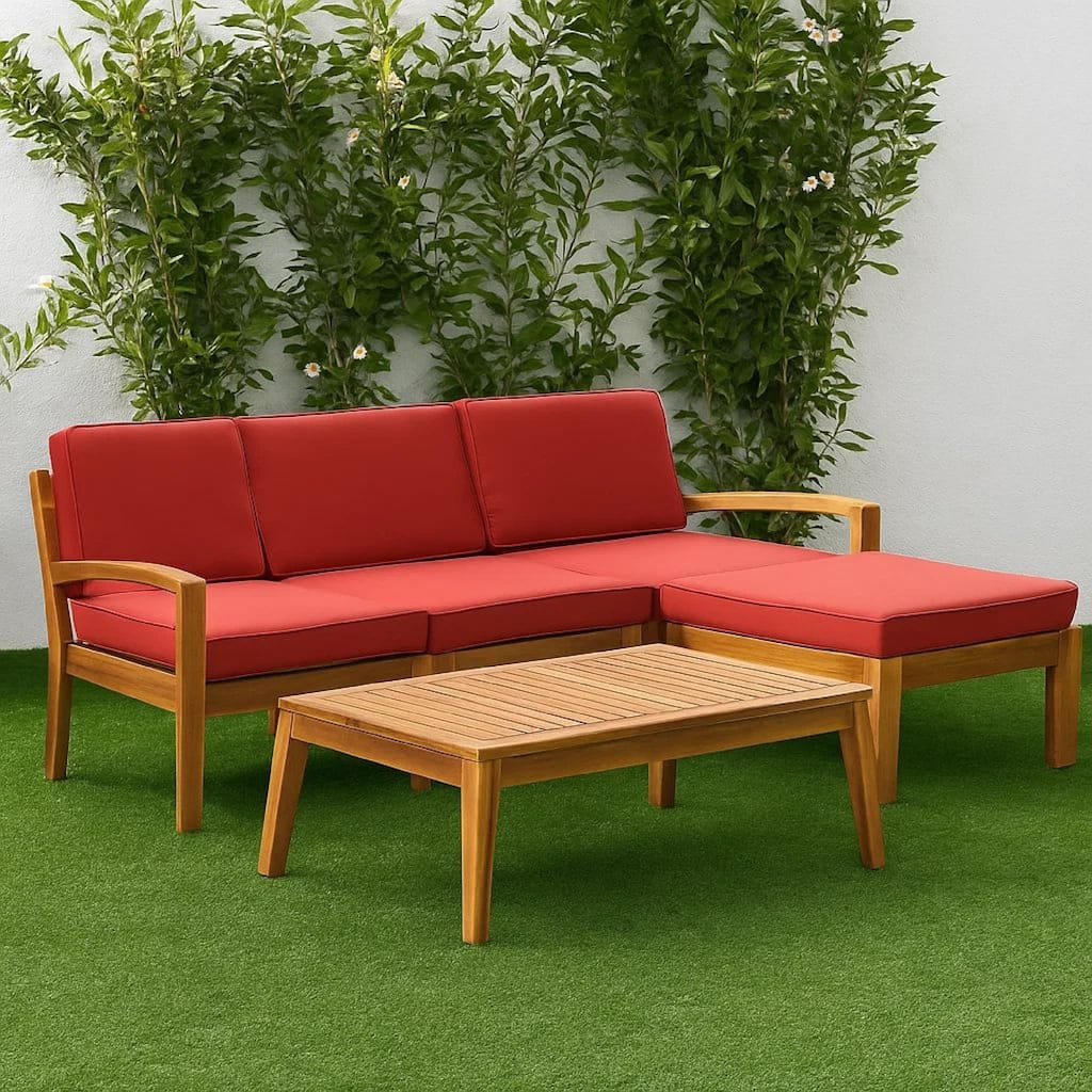 Outdoor L-Sectional Sofa with Coffee Table, Ottoman, Acacia Wood, Red