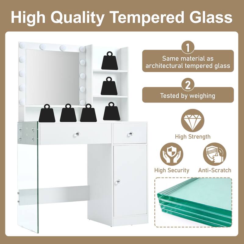 Vanity Desk with Mirror & Lights, Glass Top Dressing Table, Makeup Table with Charging Station, 2 Drawers & Cabinet