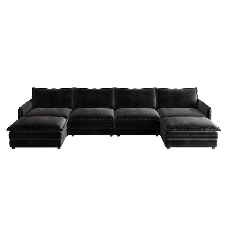 4-Seater Couch with 2 Ottomans, Corduroy Upholstered Cloud Sectional Deep Seat Sleeper Sofa U-Shaped Modular Couch