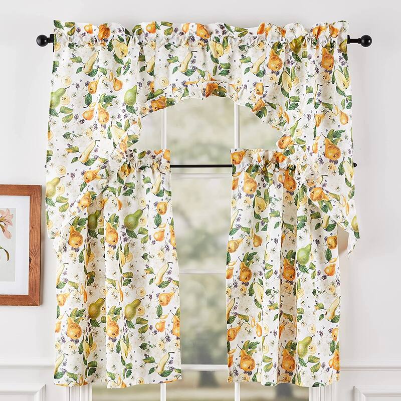 Violet Linen European Fruits Flowers, Pears, 3pc Set 60" x 18" Valance, 30" x 36" Tiers, Decorative Window Kitchen Curtain Set