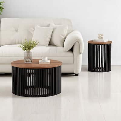 2-Piece Acacia Wood Coffee Table and Side Table Set, Round Tables with Solid Wood Base,End tables,Rustic Living Room Furniture