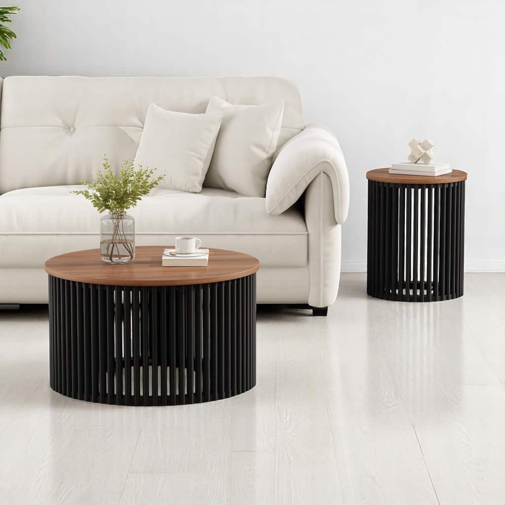 2-Piece Acacia Wood Coffee Table and Side Table Set, Round Tables with Solid Wood Base,End tables,Rustic Living Room Furniture
