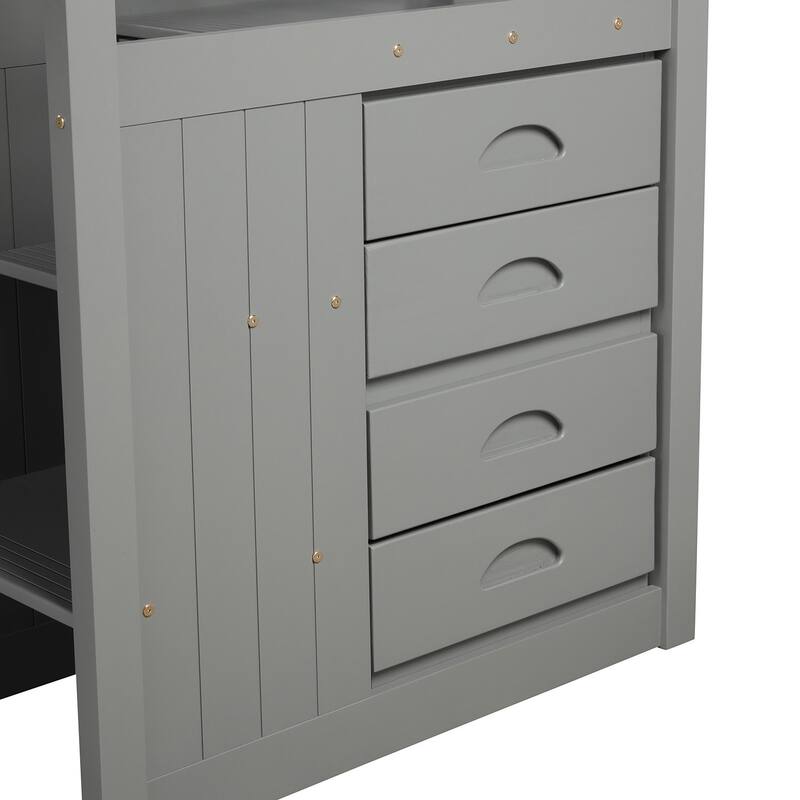 Full over Full Bunk Bed with Twin Trundle, Gray, Storage Drawers, Solid Pine Frame