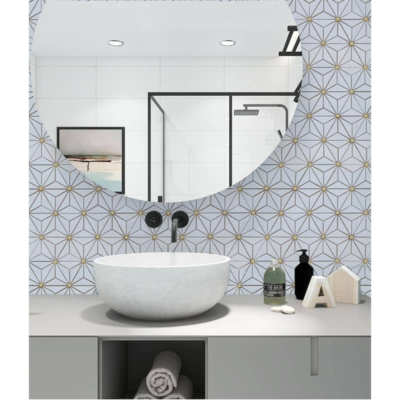 Thassos White Hexagon Marble With Gold Accents Mosaic Tile - 1 Case (10 Sheets)