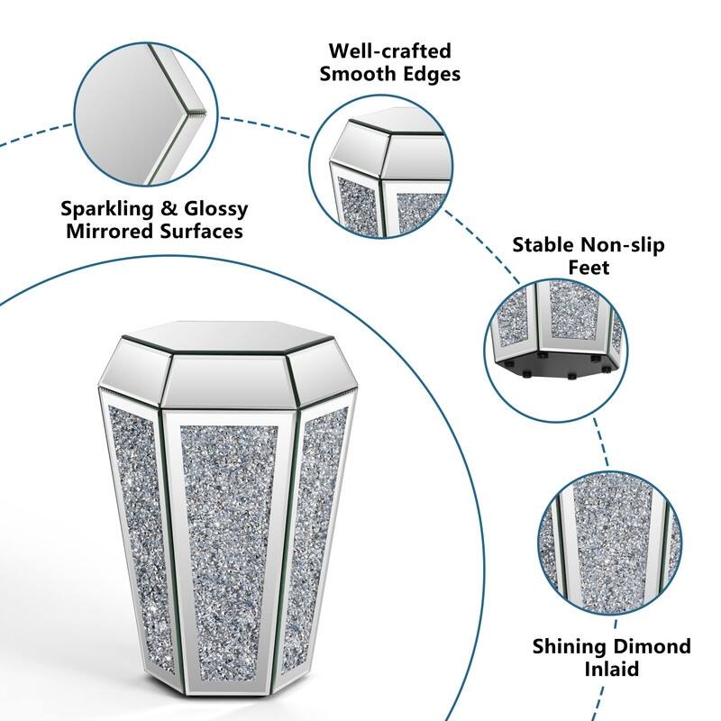 Hexagonal Mirror Top End Table with Crystal-Inlaid