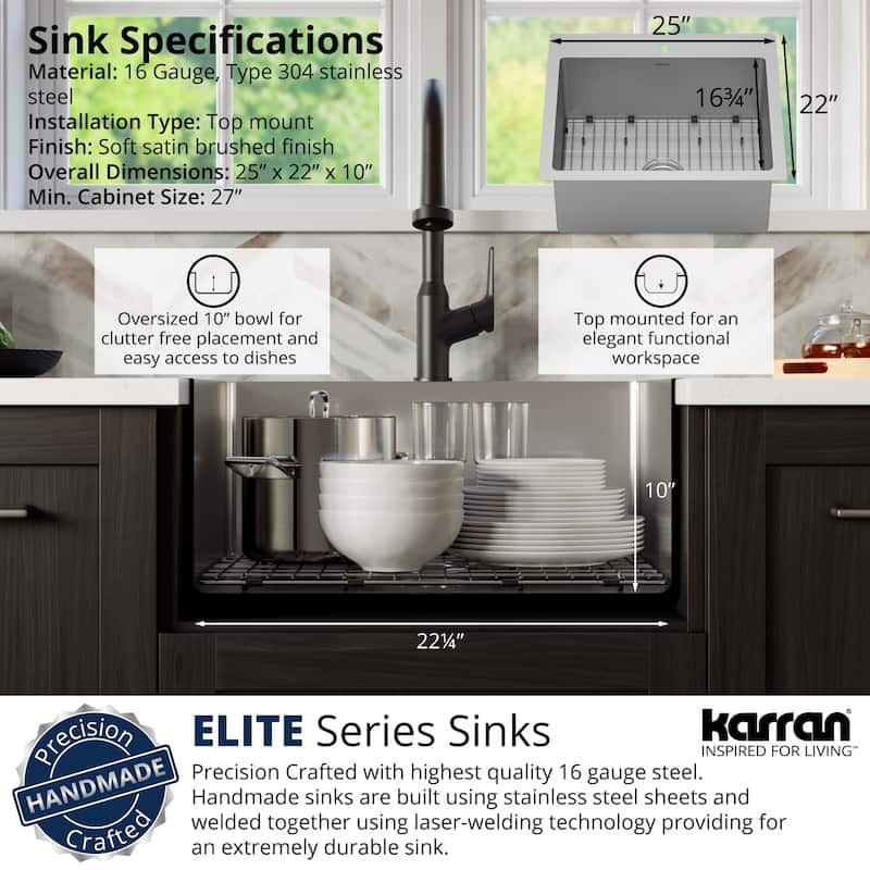 Karran Top Mount Stainless Steel 25 in. 16-Gauge Drop-In Single Bowl Kitchen Sink Kit