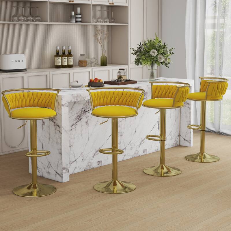 4 Set Velvet Adjustable Swivel Bar Stools With Backs - Set of 4 - Yellow 4Set