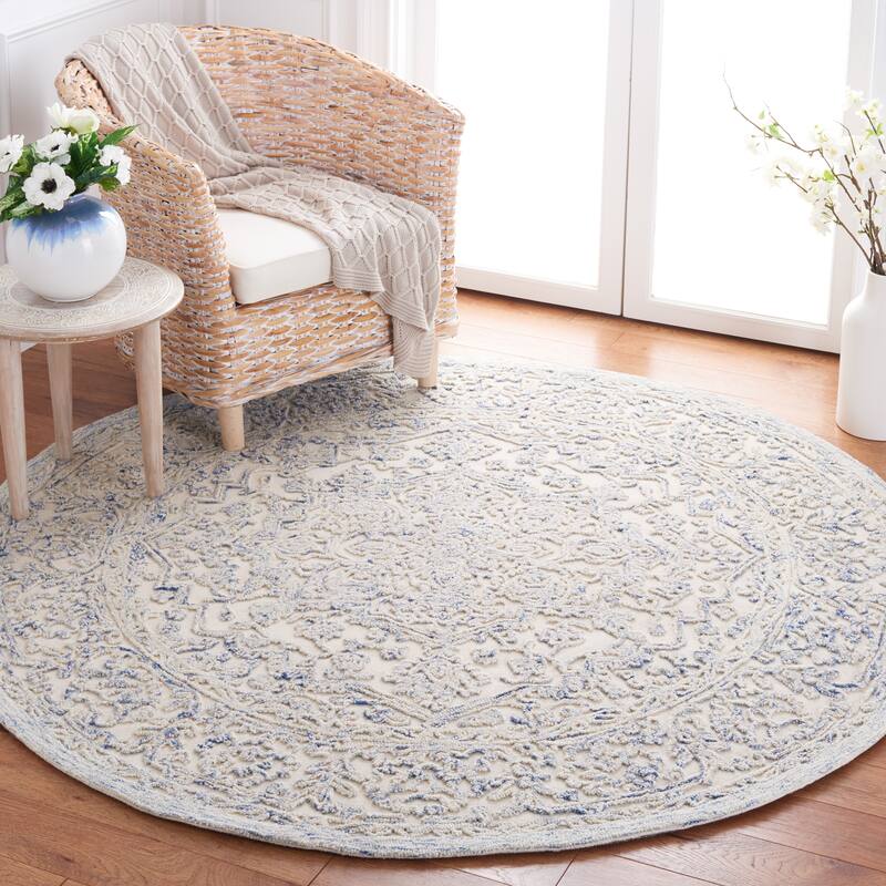 Martha Stewart by SAFAVIEH Handmade Gieze Wool Rug - 6' Round - Ivory/Blue