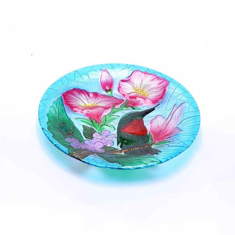 Multi-Color Hummingbird Floral Glass Bird Bath with Black Metal Stand