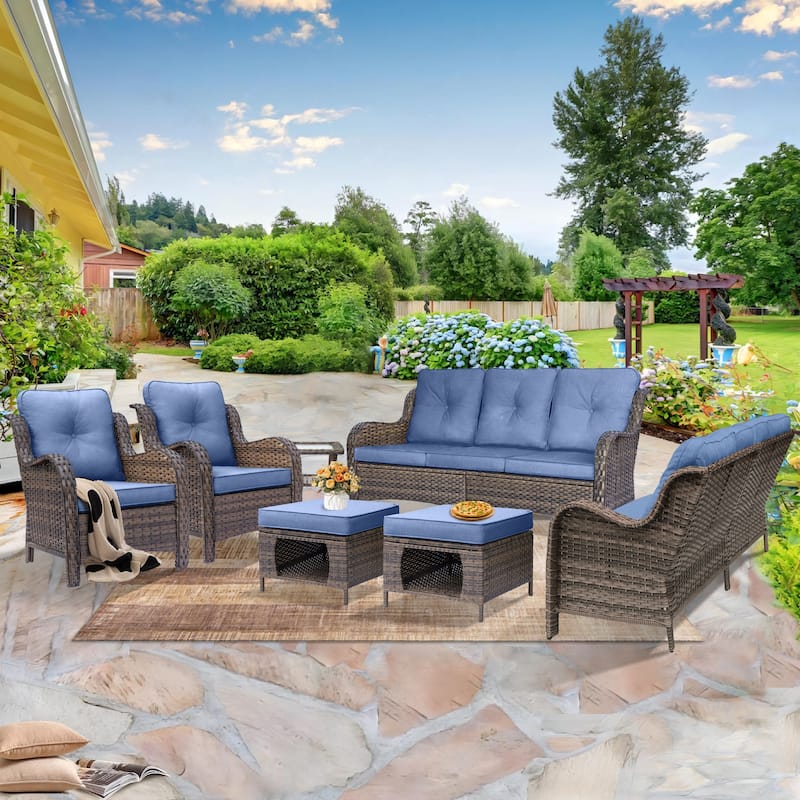 Wicker Outdoor Patio Furniture Seating Sofa Set with Storage Ottomans - 7 Piece - Denim Blue