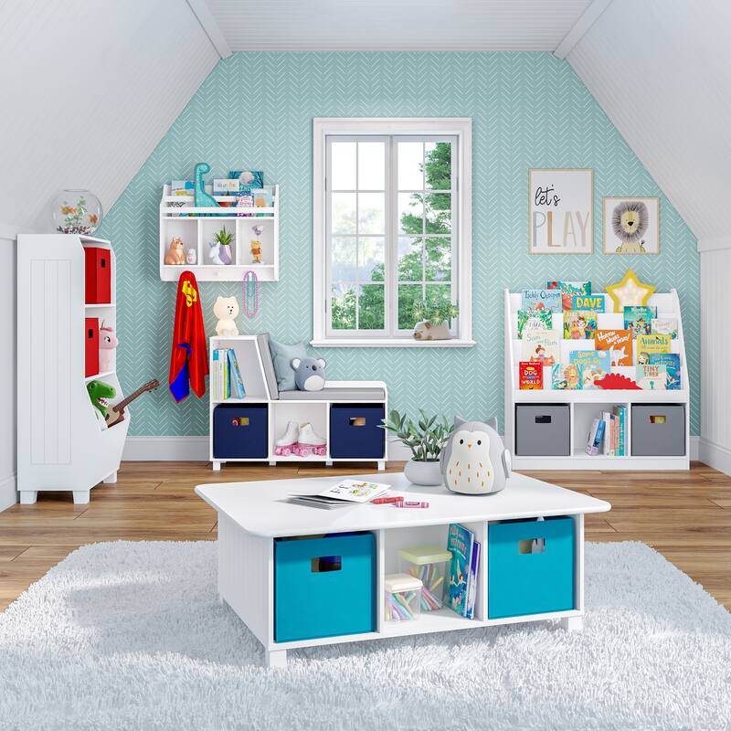 RiverRidge Kids Reading Nook Cushioned Toy Storage Bench with Cubby Organizers with Optional Fabric Bins- White