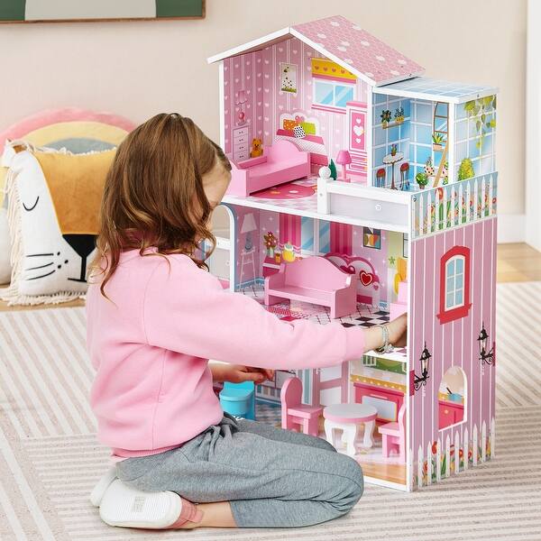 slide 2 of 9, Kids Wooden Dollhouse Playset with 5 Simulated Rooms and 10 Pieces of Furniture-Pink - 23.5" x 10" x 27.5" Pink