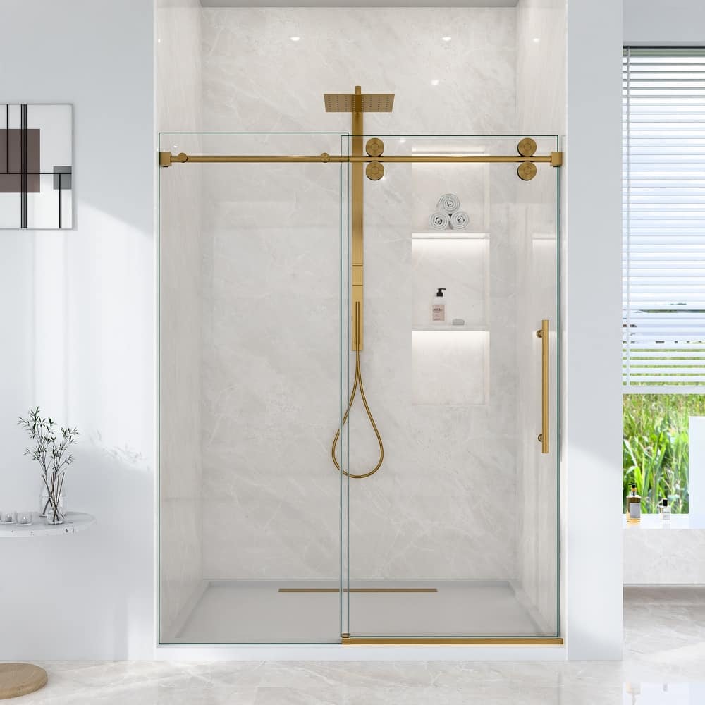 GDFStudio - Modern America Design Frameless Single Sliding Shower Door with 5/16" SGCC Tempered Glass & Stainless Steel Hardware