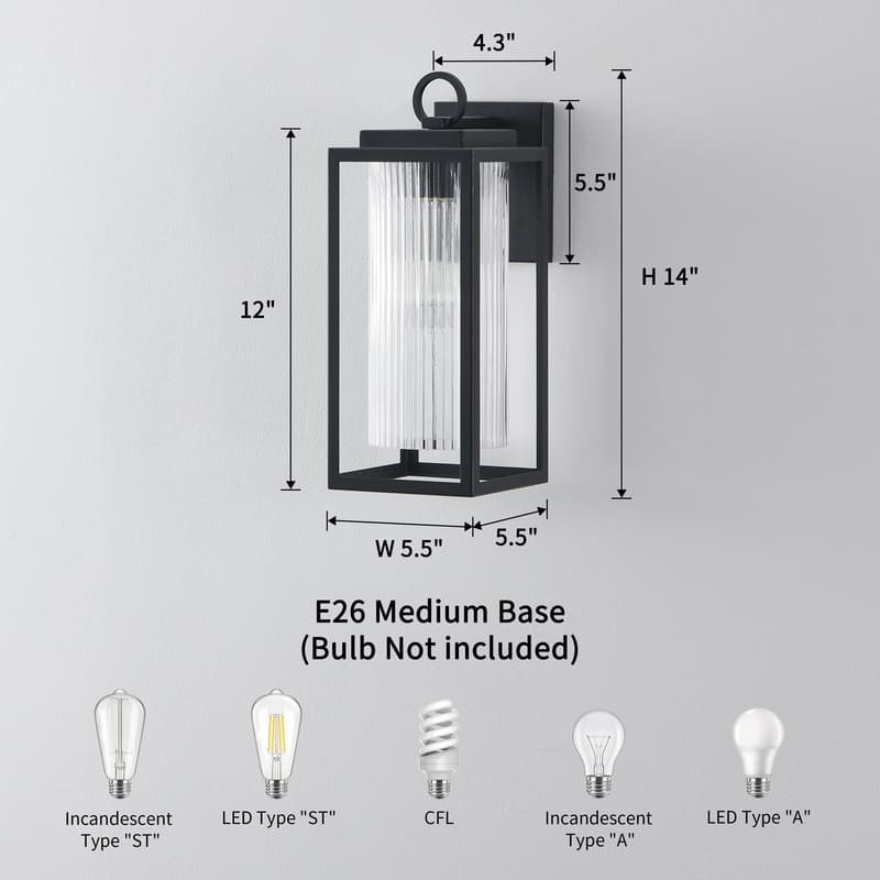 KAWOTI 1-Light Outdoor Wall Sconce with Cylindrical Ribbed Glass - W5.5" x D7" x H14"