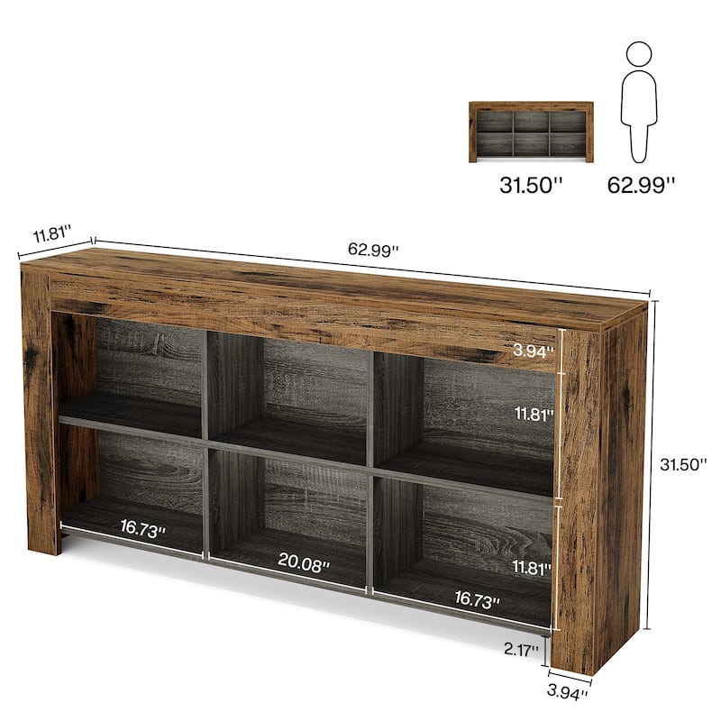63-inch Horizontal Wood Bookshelf, Industrial Long Bookcase