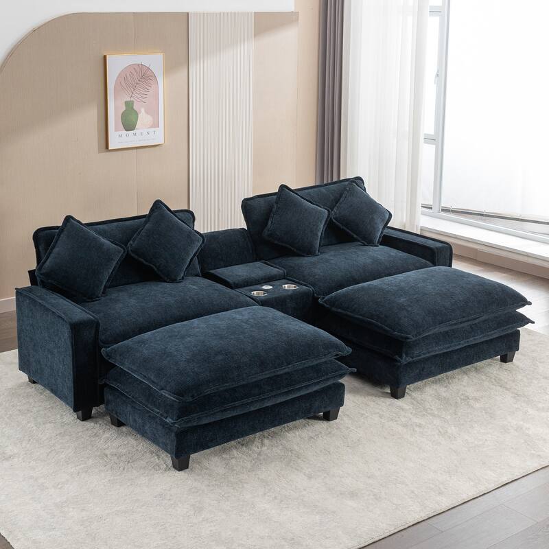 111" Chenille Sectional Sofa with 2 Ottomans, 2 USBs, 2 Cup Holders, Storage, Blue