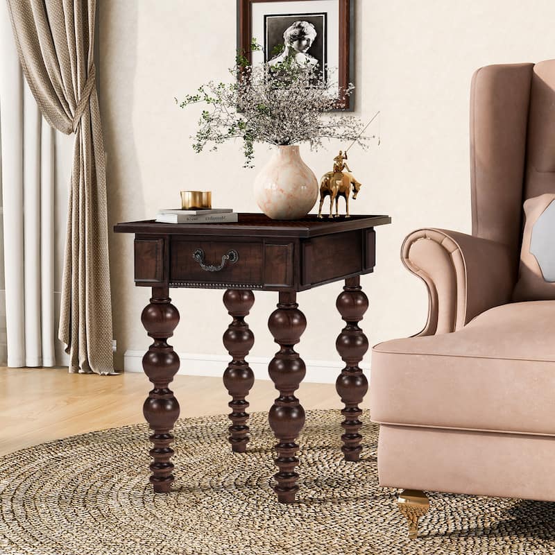 Narrow Sofa Side Table Accent Table Solid Wood End Table with Drawer - Espresso