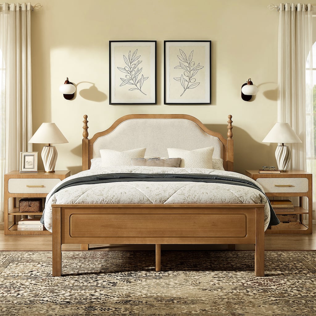 Classic Turned Post Wood Bed Frame with Upholstered Headboard, Sturdy Screw-Free Slats and Noise-Free Support